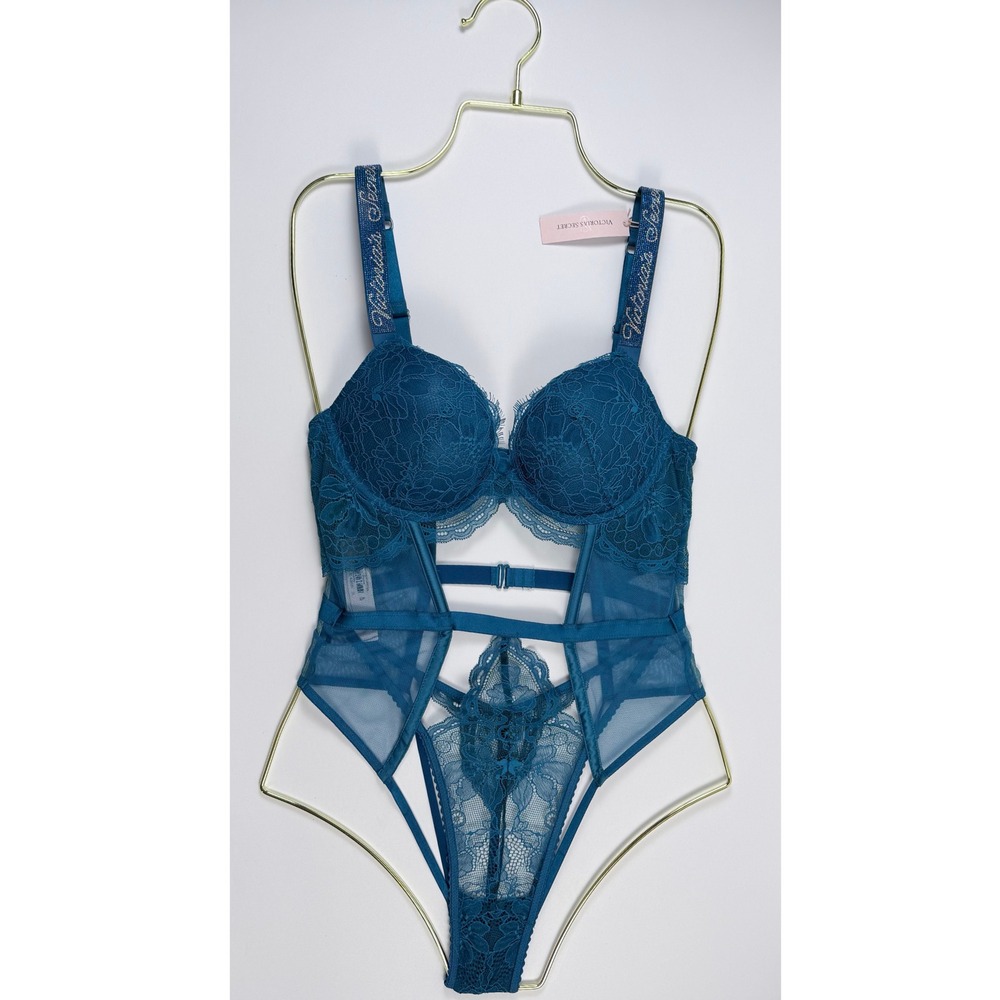 Victoria's Secret Very Sexy Push-Up Shine Strap Sheer Lace Teddy Blue S NWT